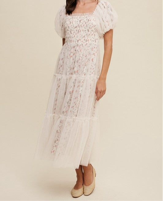 Floral Print and Mesh Puff Sleeve Maxi Dress