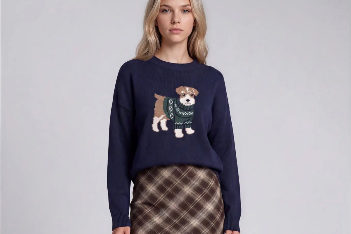 Puppy Jacquard Long Sleeve Knit
Pullover Sweater