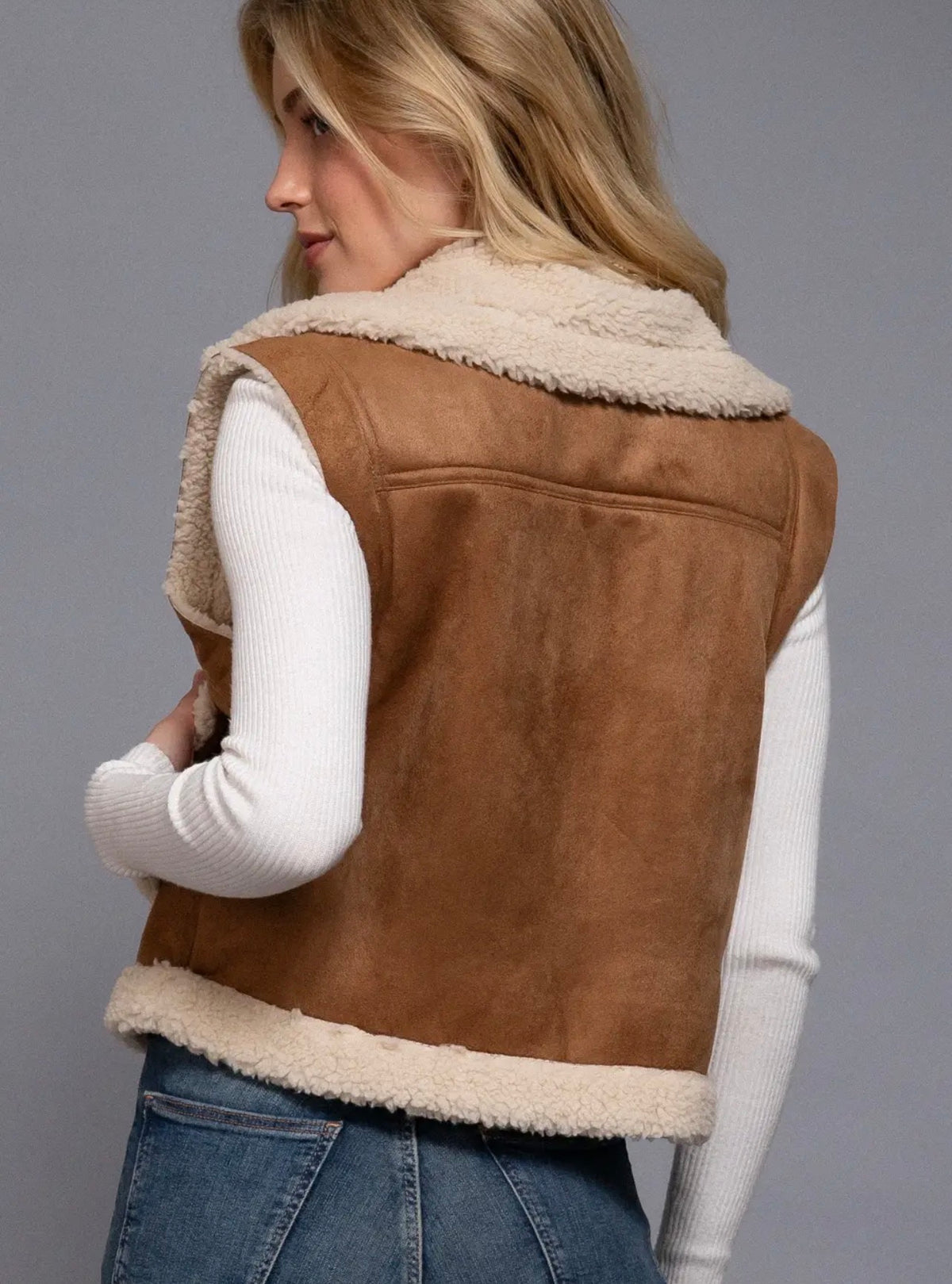 Faux suede inner-fur zip-up vest, tan brown with cream shearling trim, sleeveless