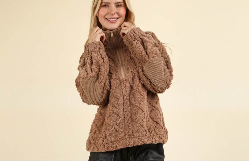 VERY J Fuzzy Fleece Half Zip Cable Pattern Sweatshirt