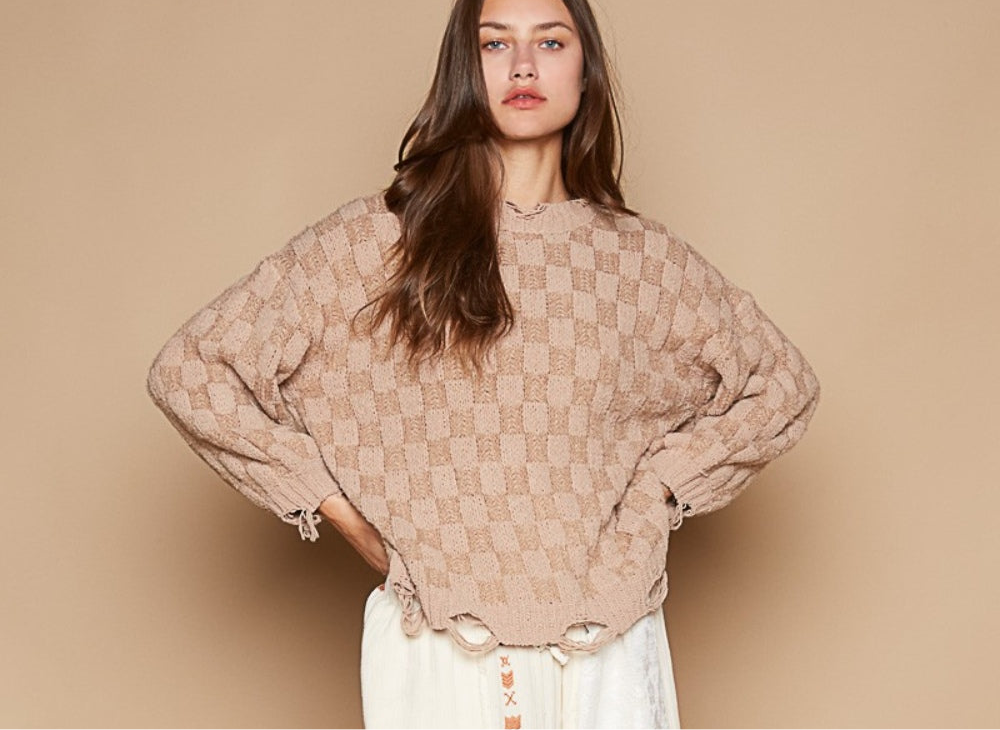 POL Checkered Distressed Edge Sweater