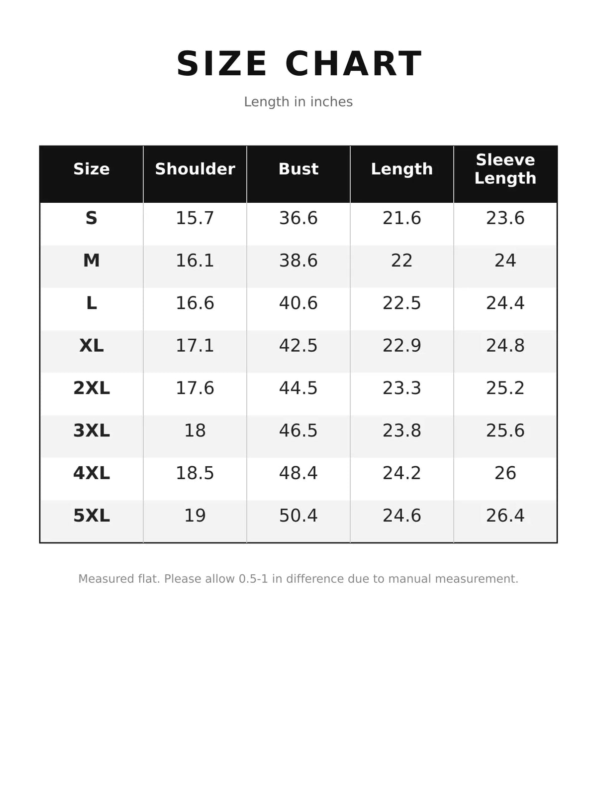 Faux leather jacket size chart showing shoulder, bust, length, and sleeve measurements