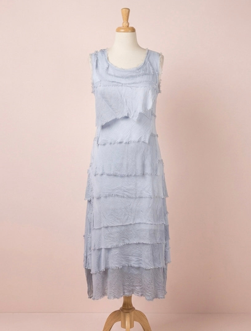 Light blue tiered ruffle silk dress, sleeveless, crew neckline