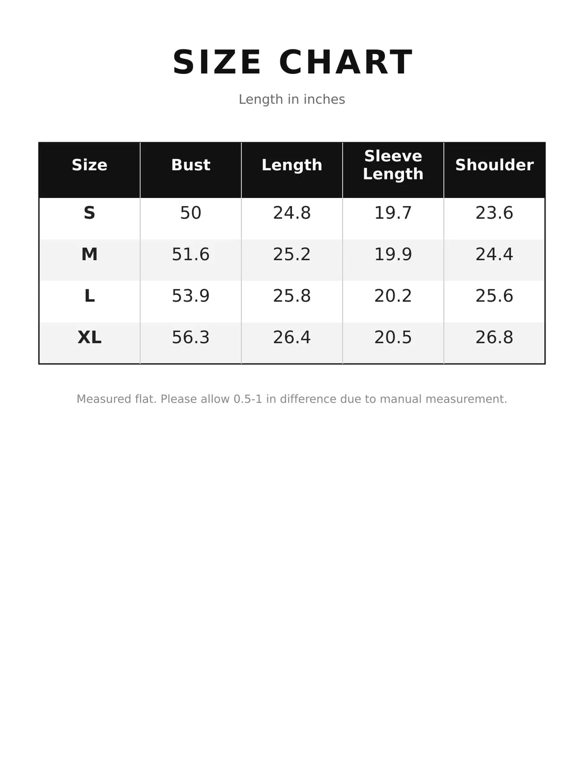 Size chart for zip-up dropped shoulder jacket, with measurements in inches
