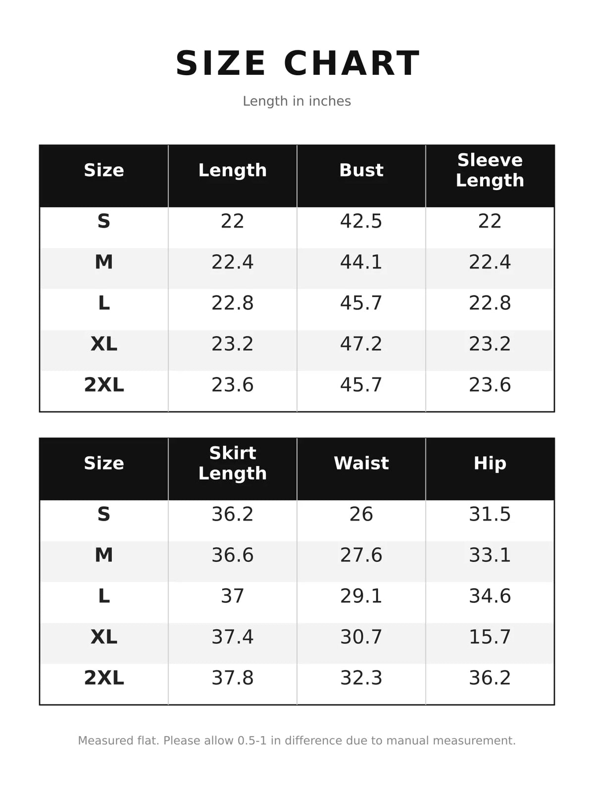 Ribbed turtleneck sweater and midi skirt set size chart with garment measurements.