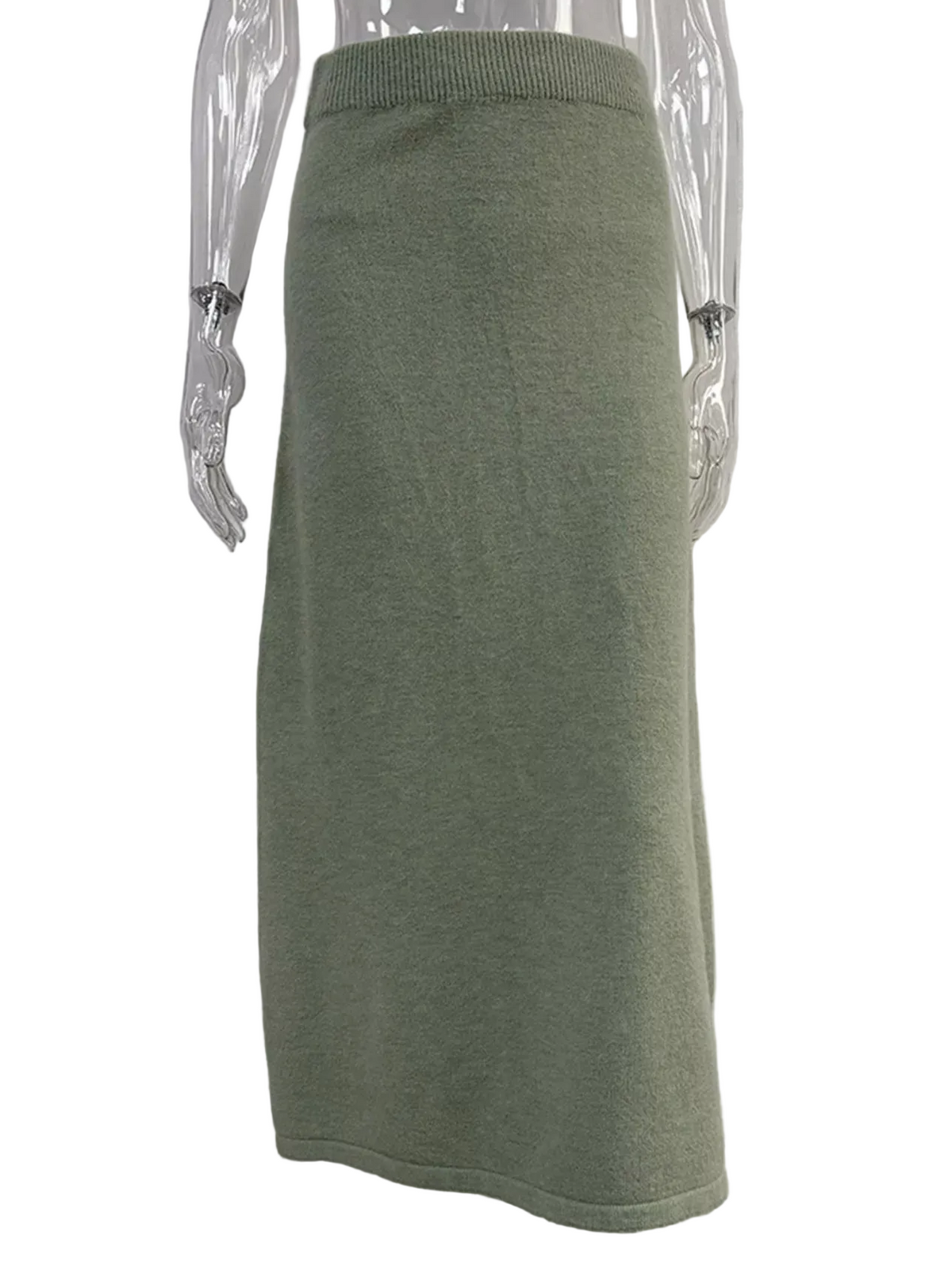 Sage knit midi skirt with a straight silhouette and ribbed waistband