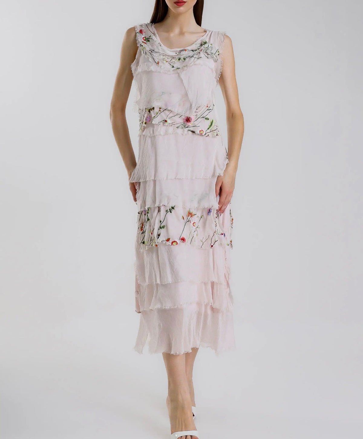 Embroidered Italian Silk Maxi Ruffle Dress (Blush)