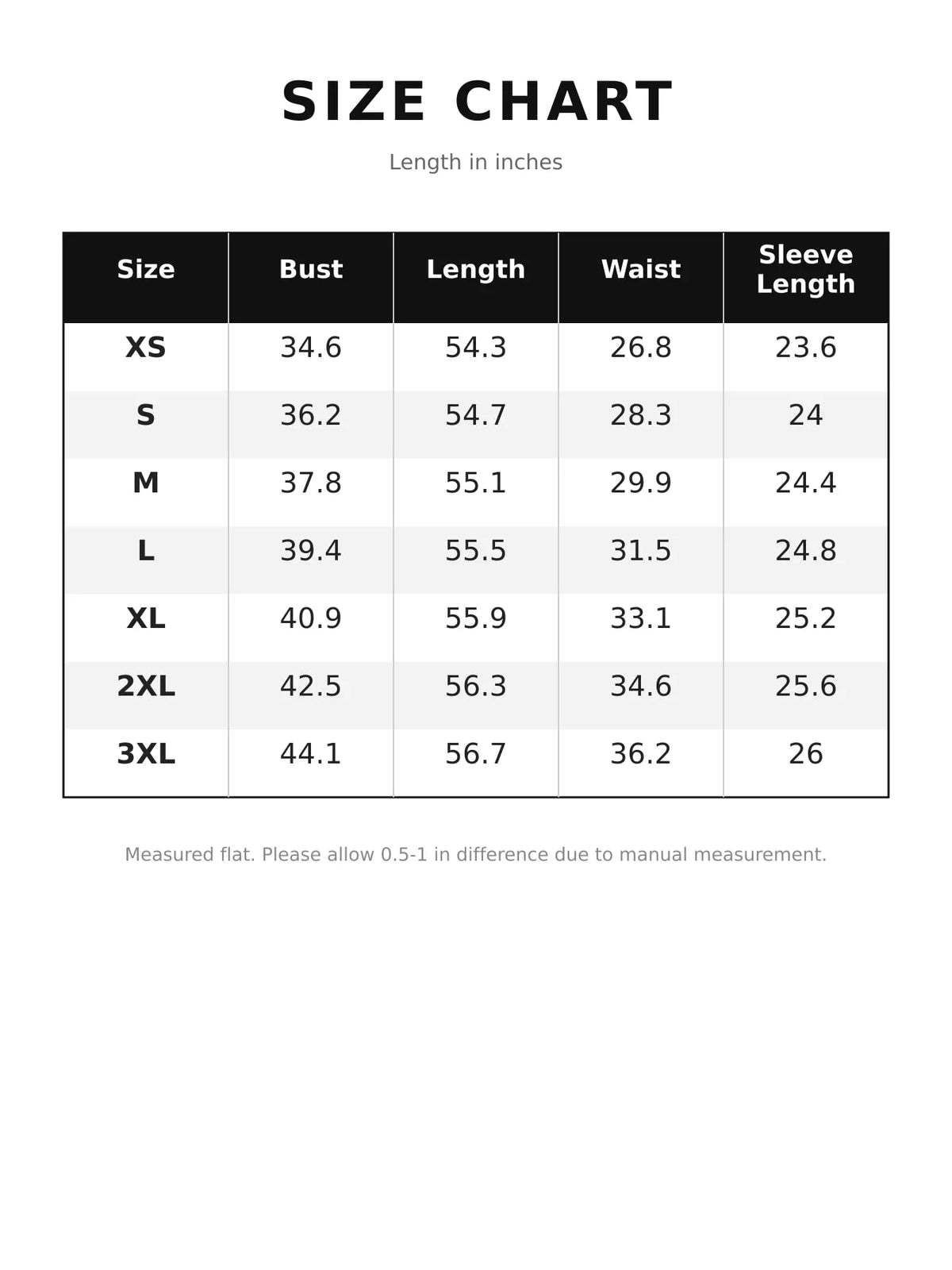 Size chart table showing bust, length, waist, and sleeve length in inches