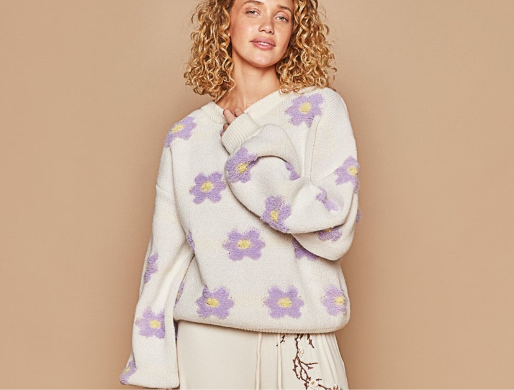 POL Daisy Pattern Drop Shoulder Sweater