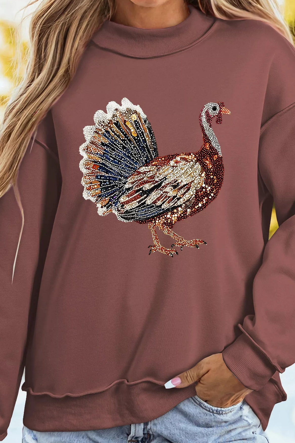 Dark brown high-neck sweatshirt with sequin turkey graphic, long sleeves