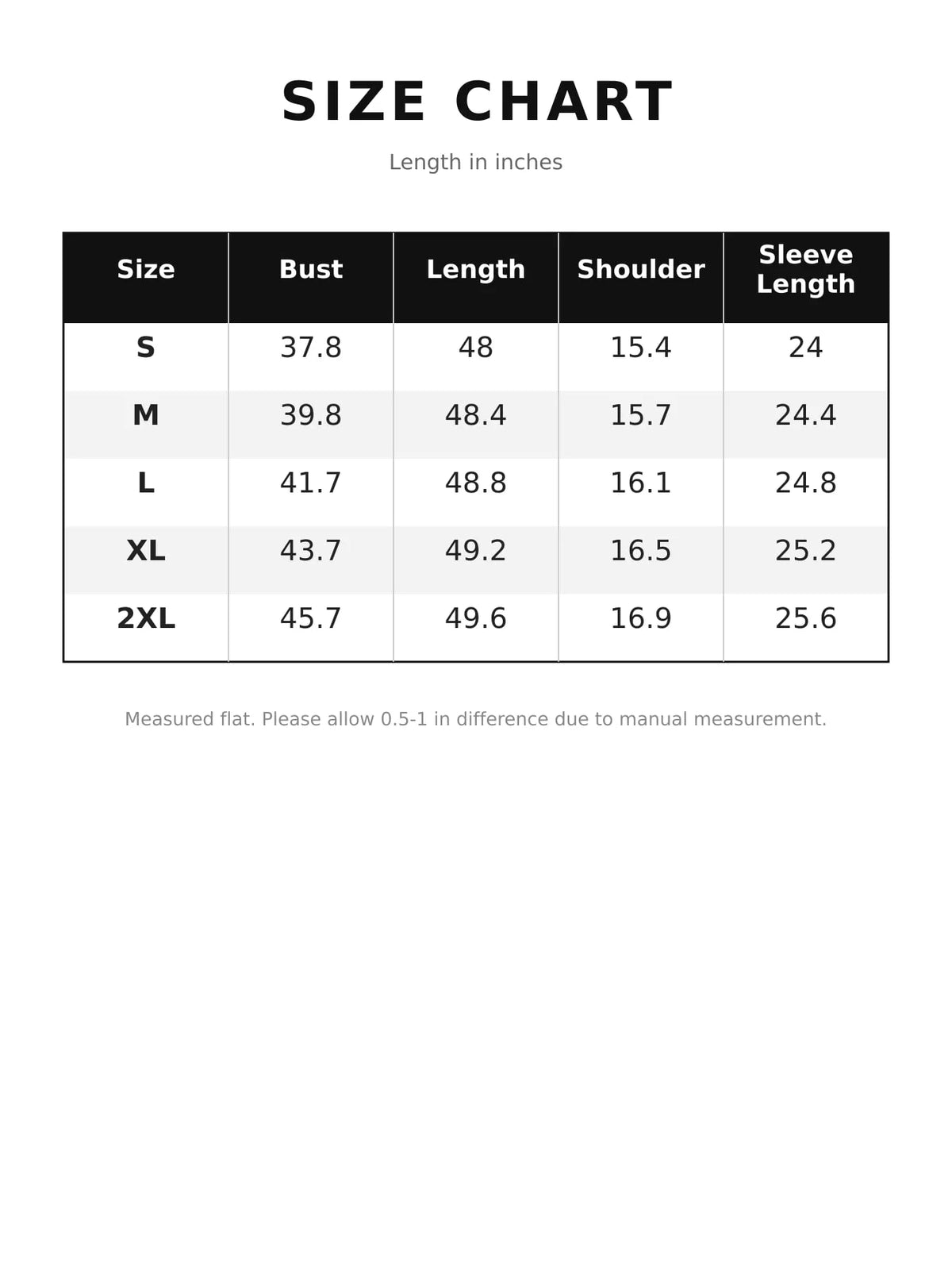 Size chart listing bust, length, shoulder, and sleeve length in inches