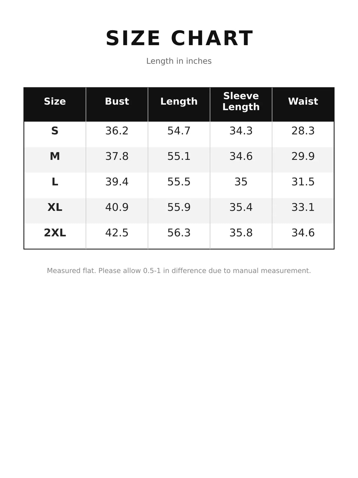 Maxi dress size chart with measurements for sizes S to 2XL