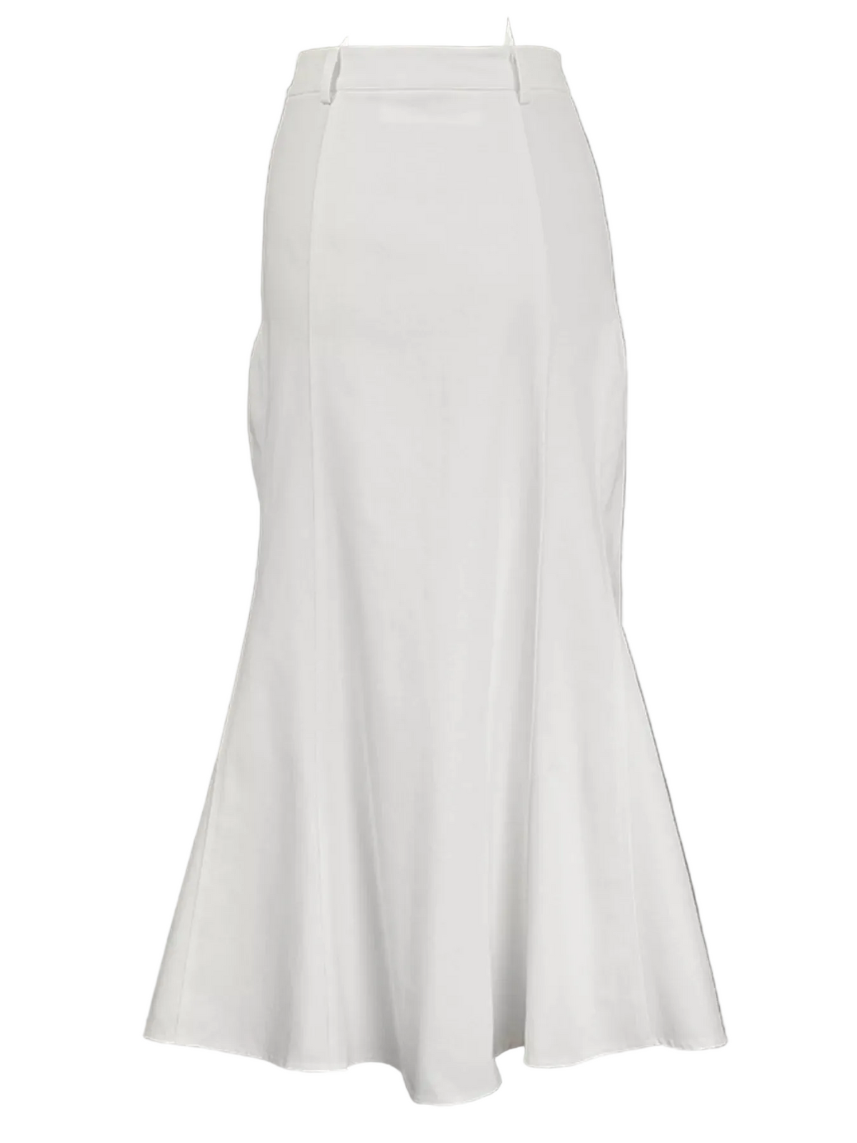 Back view of a white high-waisted mermaid midi skirt with a flared hem