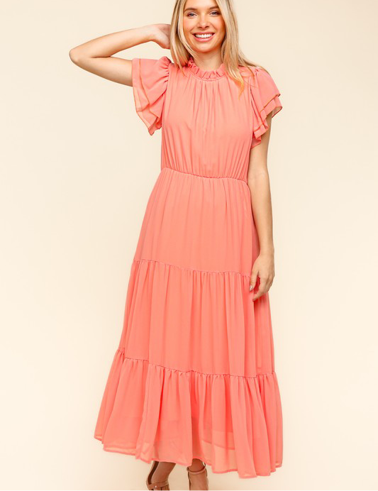 Haptics Full Size Tiered Frill Mock Neck Short Sleeve Dress