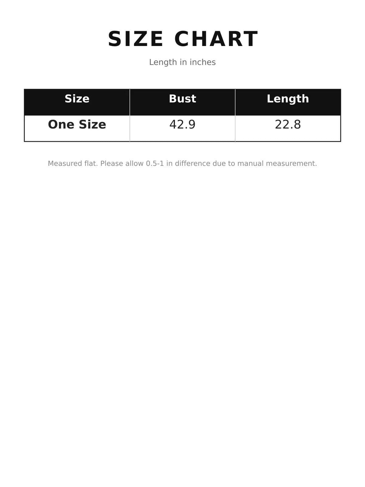 Cardigan size chart listing one size, 42.9-inch bust, and 22.8-inch length