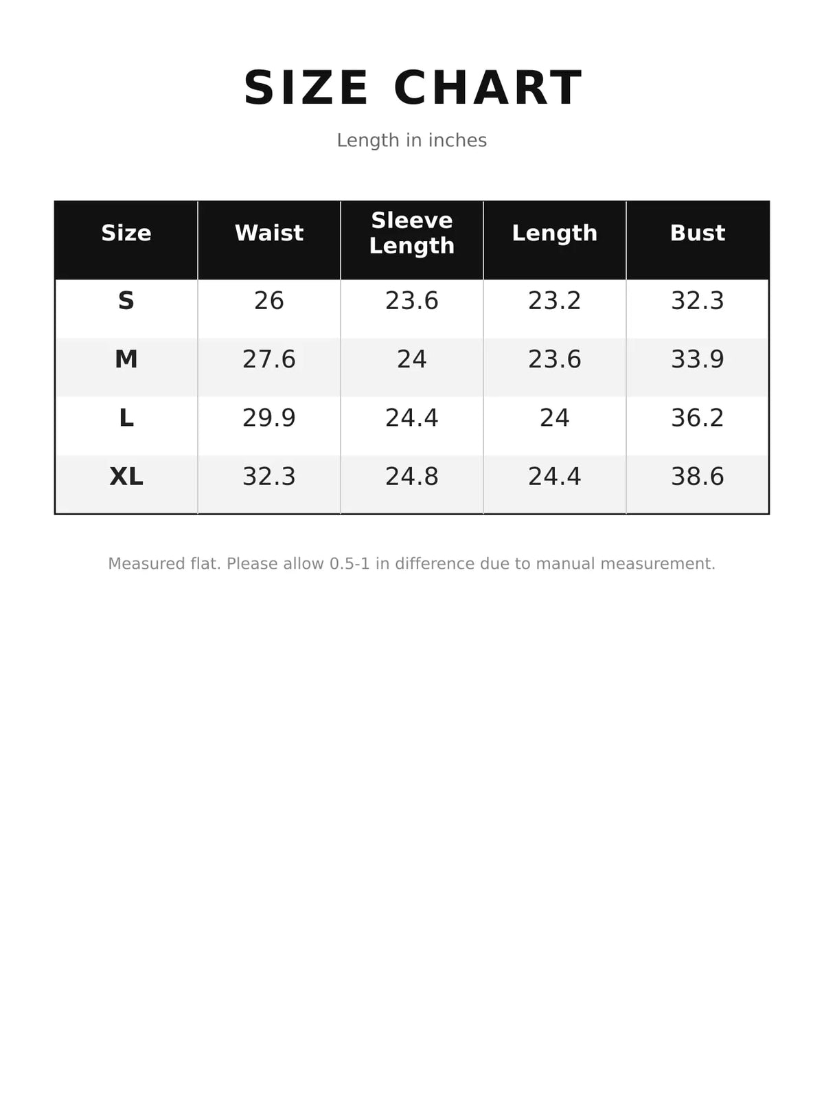 Contrast collar long sleeve T-shirt size chart with waist, sleeve length, length, and bust measurements
