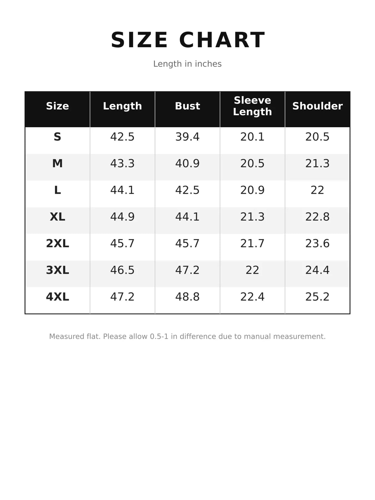 Size chart table with length, bust, sleeve length, and shoulder measurements in inches