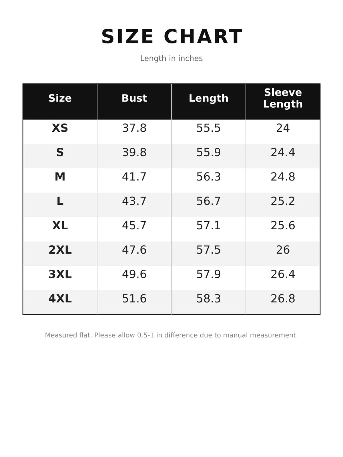 Size chart for the chiffon maxi dress, listing bust, length, and sleeve measurements from XS to 4XL