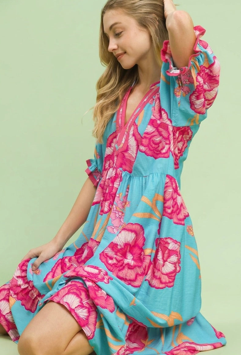 Umgee Floral Print Midi Dress with Contrast Trim