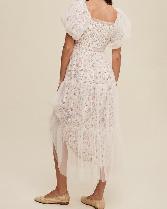 Floral Print and Mesh Puff Sleeve Maxi Dress