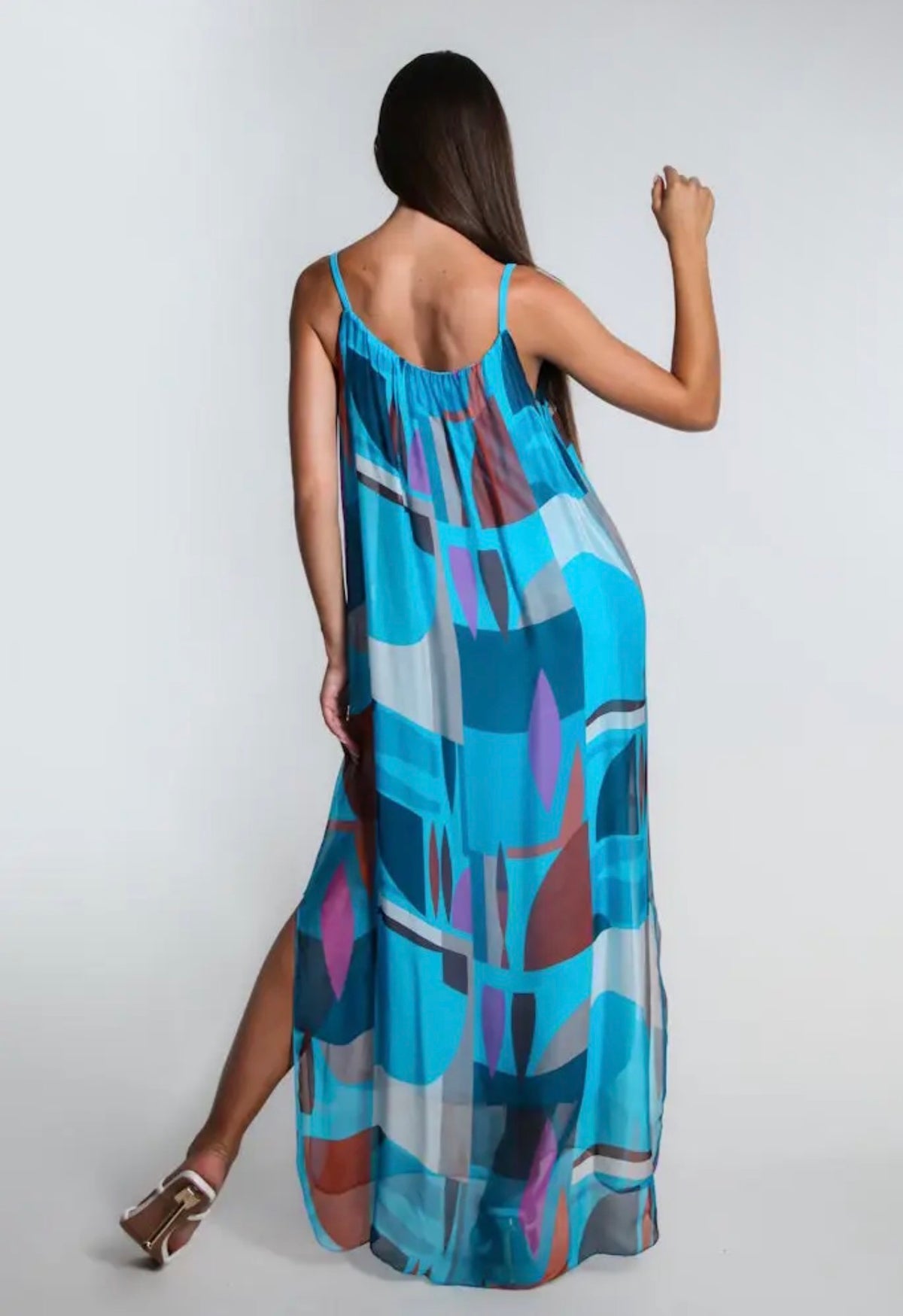 Blue and purple abstract print silk maxi dress, spaghetti straps, low open back