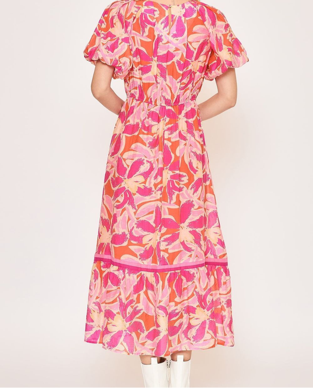 Umgee Floral Notched Puff Sleeve Midi Dress