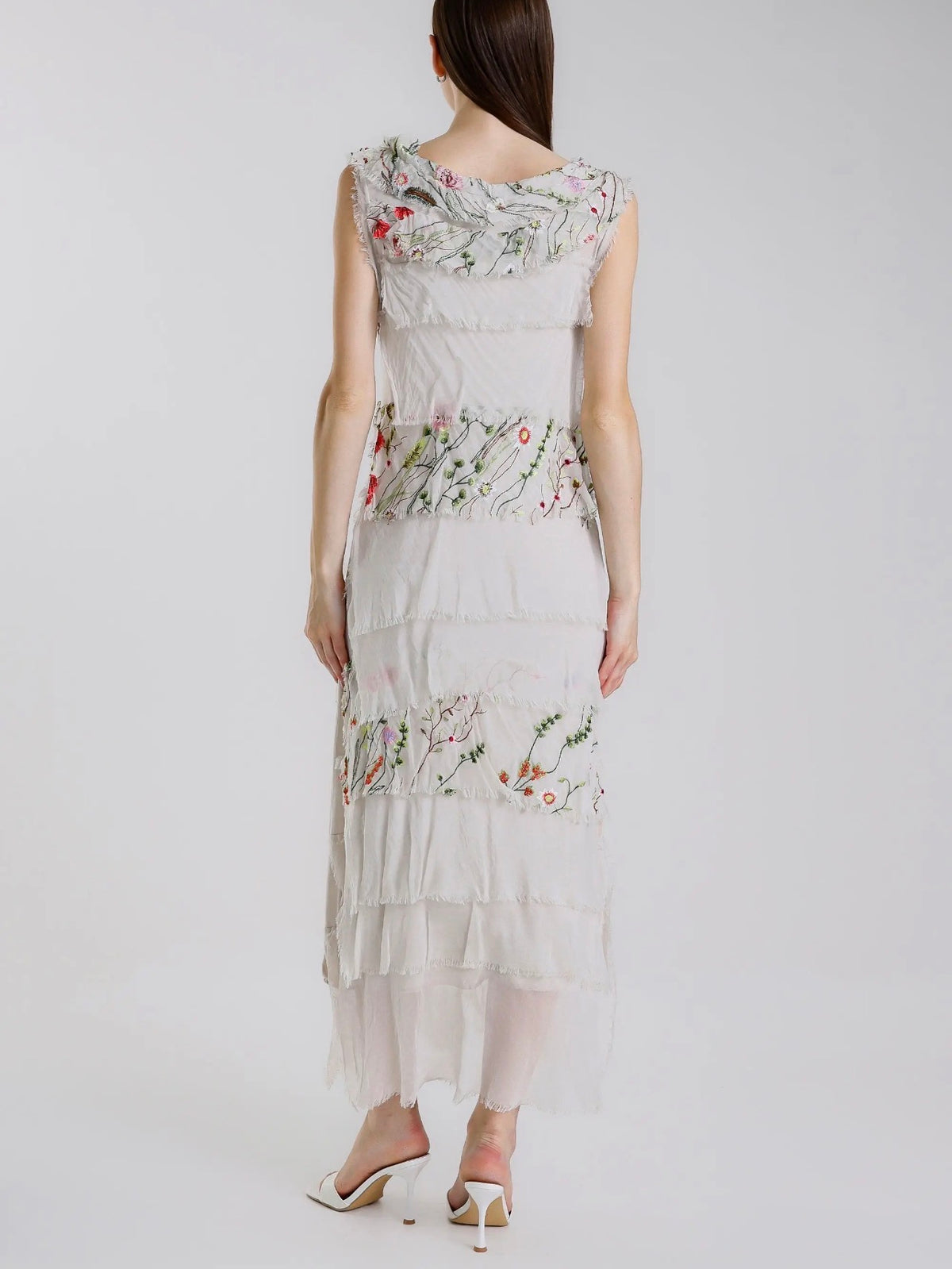 Embroidered Italian Silk Maxi Ruffle Dress (Beige)