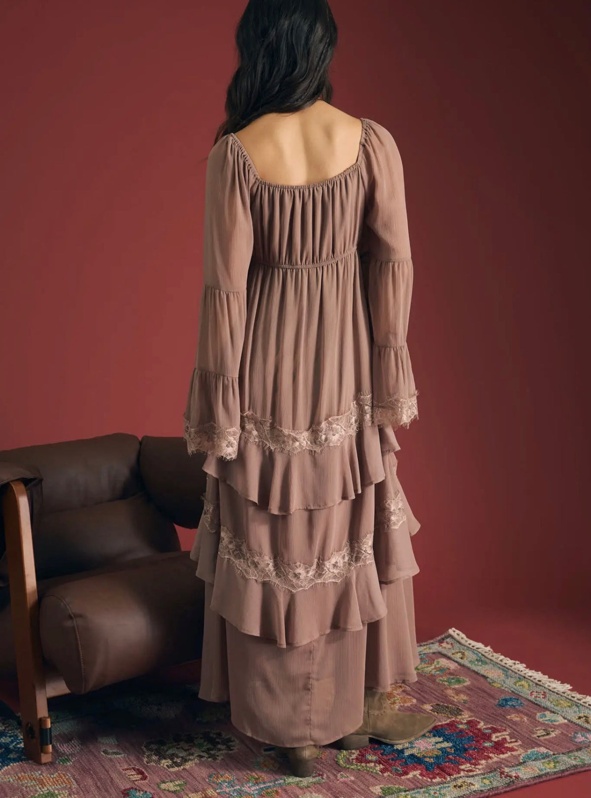 Taupe ruffle-tier long-sleeve maxi dress with lace trim, back view