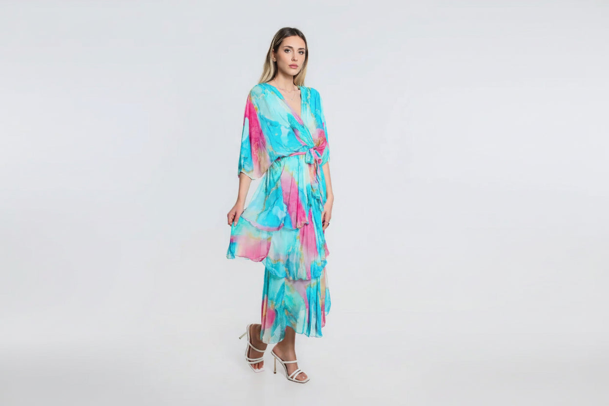 Ruffled Italian Silk Dress (Blue)