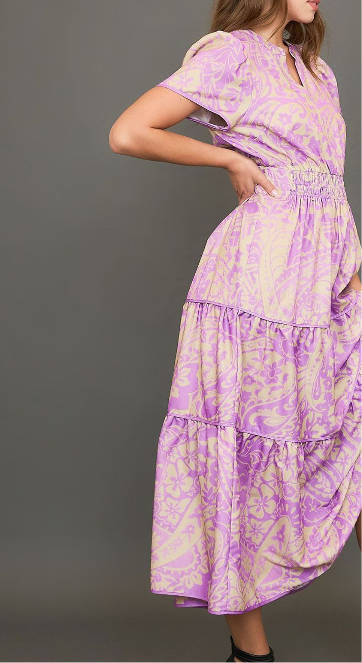 Umgee Full Size Printed Notched Short Sleeve Tiered Dress Plus Size