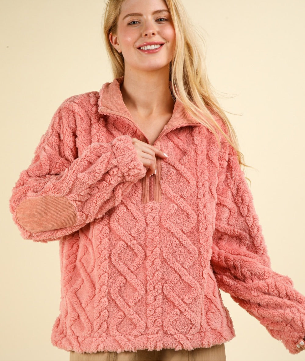 VERY J Fuzzy Fleece Half Zip Cable Pattern Sweatshirt