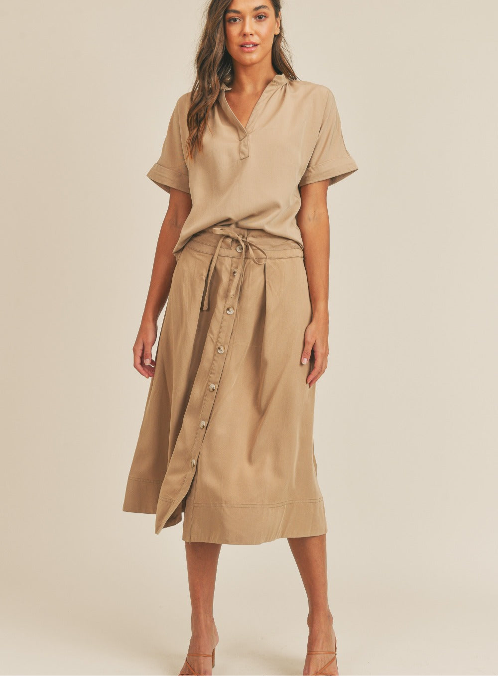 MABLE Short Sleeve Top and Button Down Midi Skirt Set