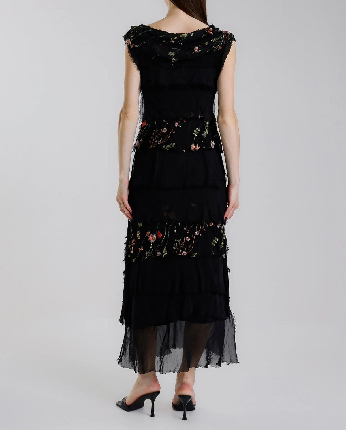 Embroidered Italian Silk Maxi Ruffle Dress