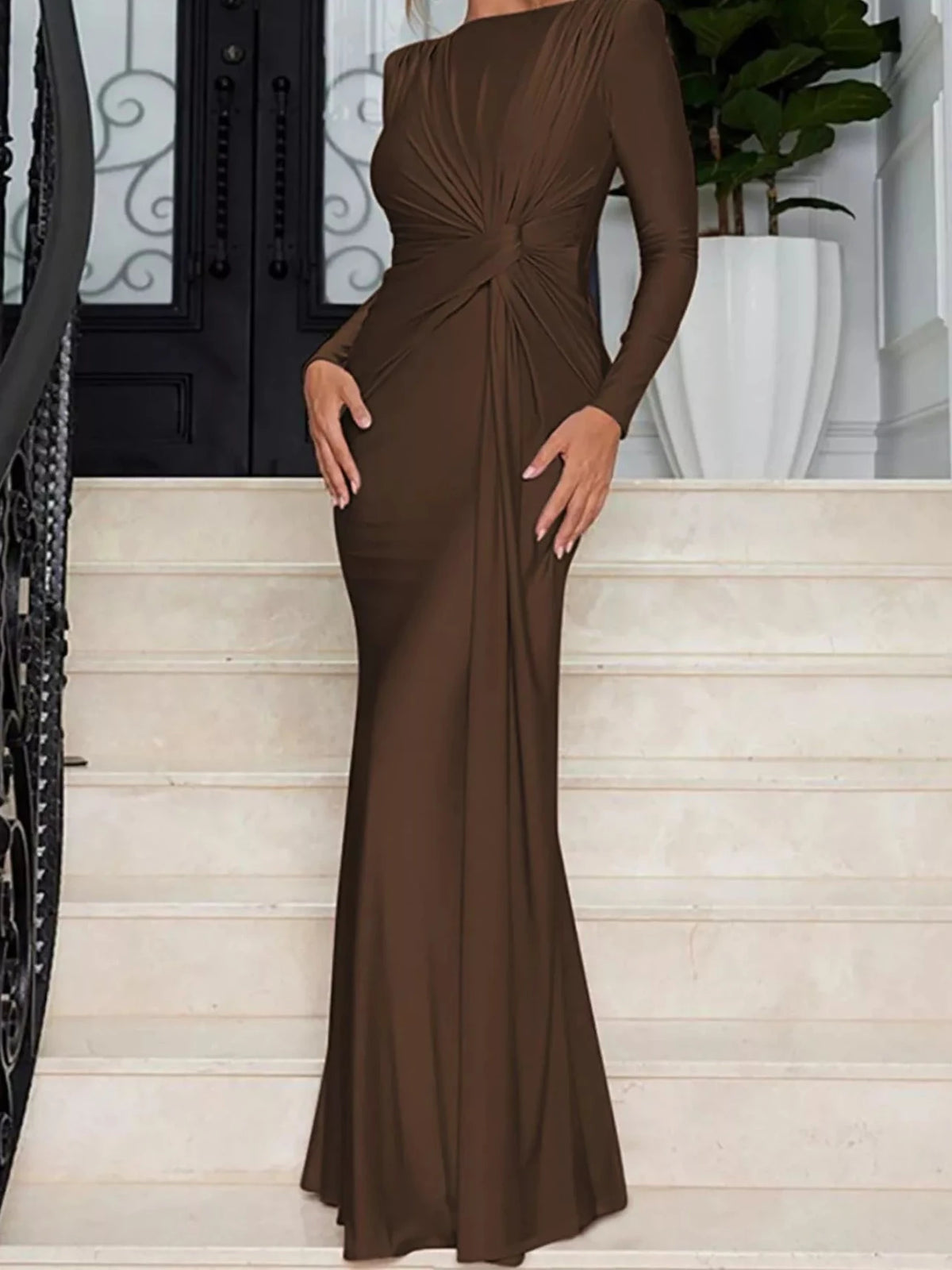 Twisted long-sleeve maxi dress in brown with center knot twist and long sleeves