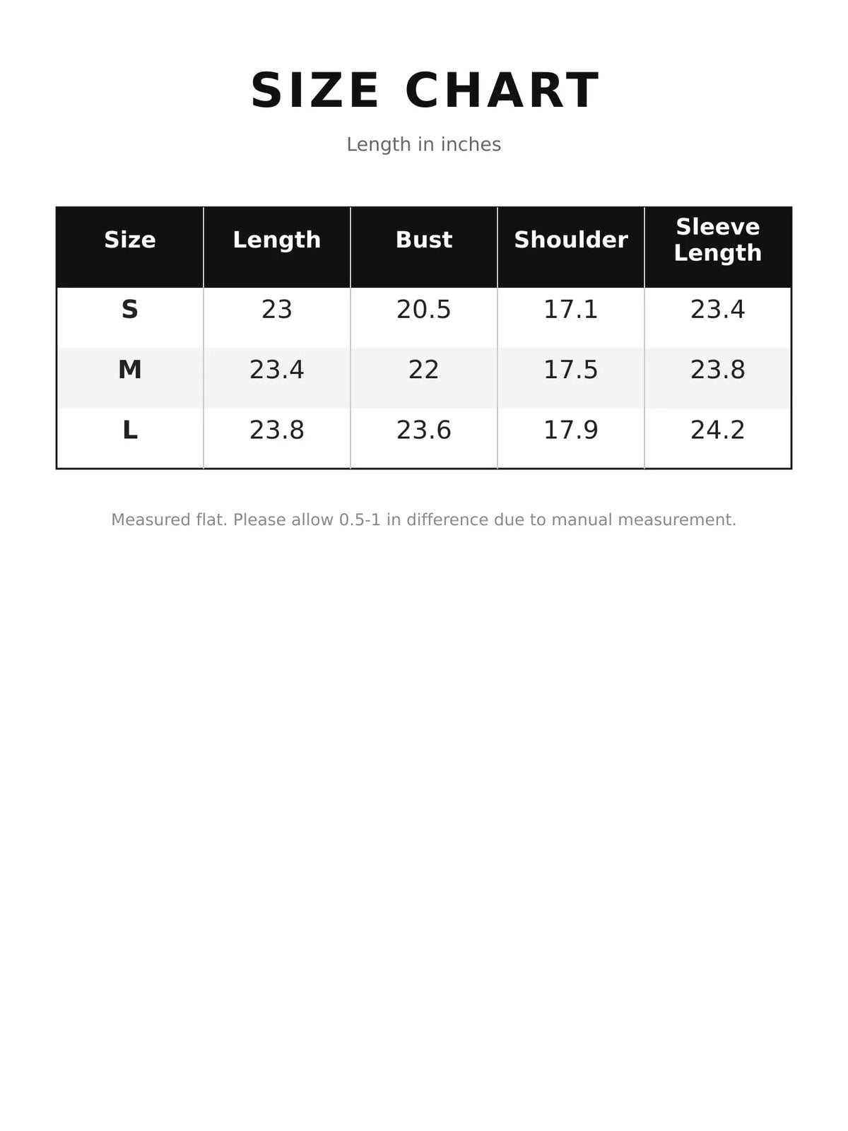 Cropped blazer size chart with length, bust, shoulder and sleeve measurements