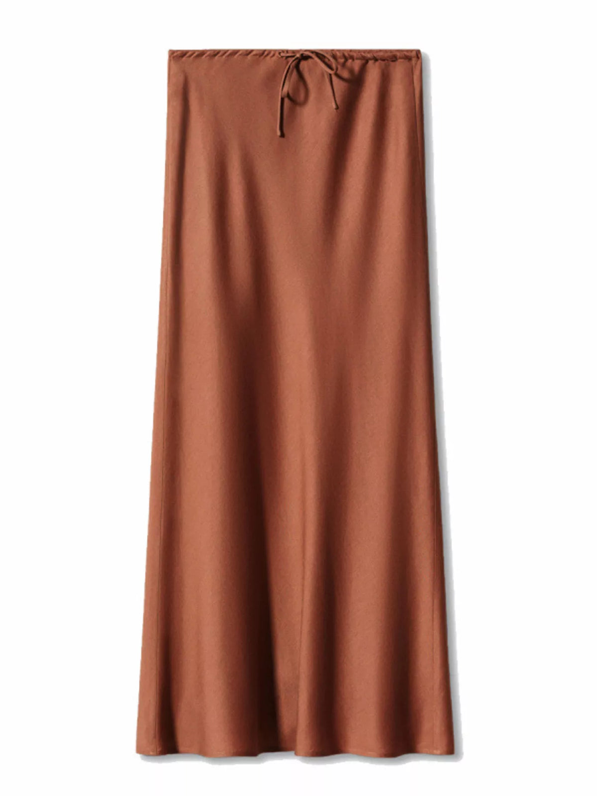 Brown satin midi skirt with a drawstring waist, shown flat