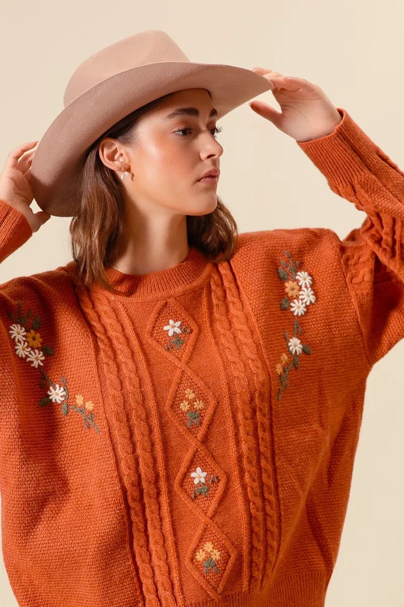 Brick embroidered cable-knit sweater with flower motifs, crew neck and ribbed cuffs