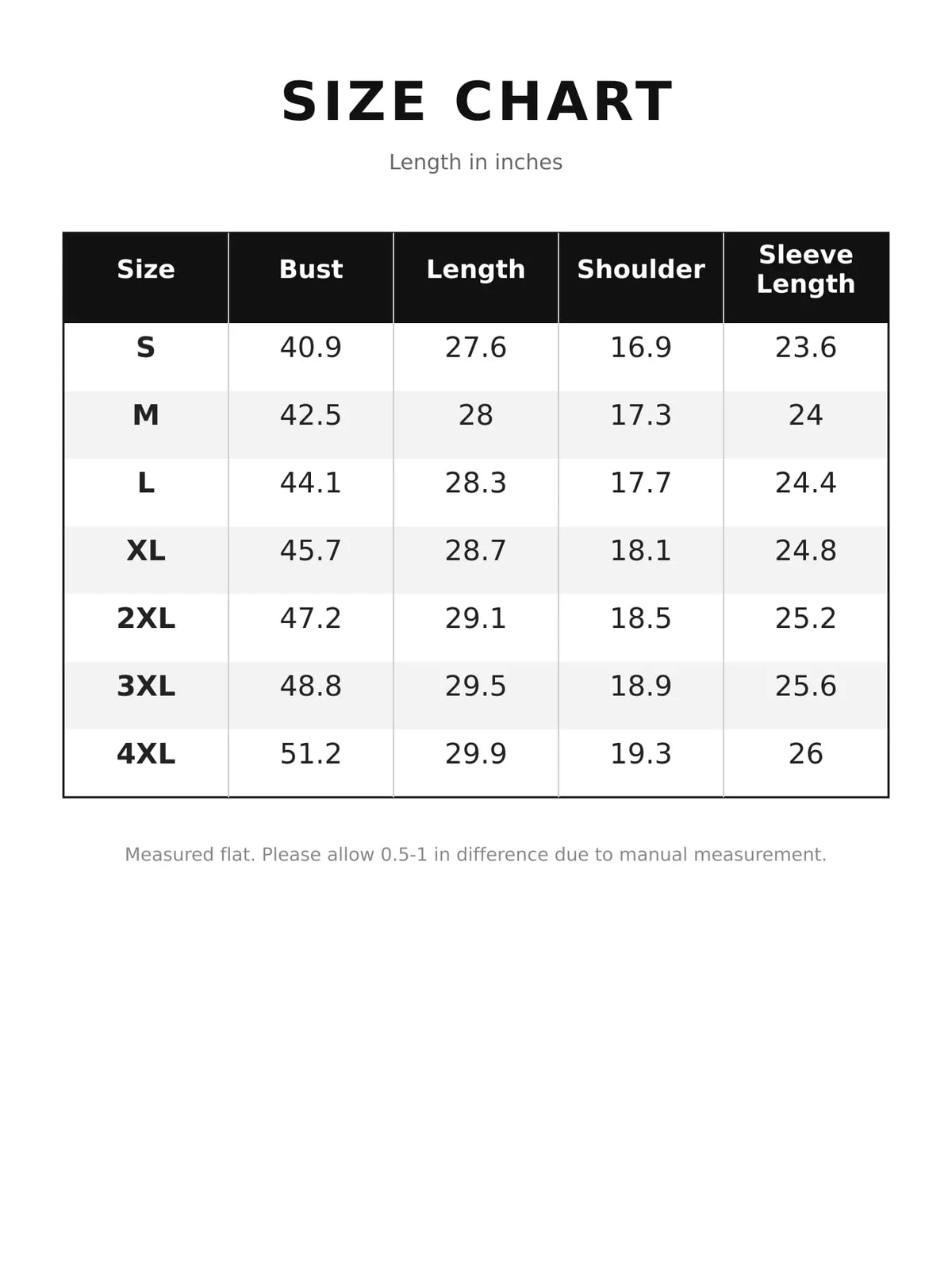 Size chart for length in inches: bust, length, shoulder, and sleeve measurements