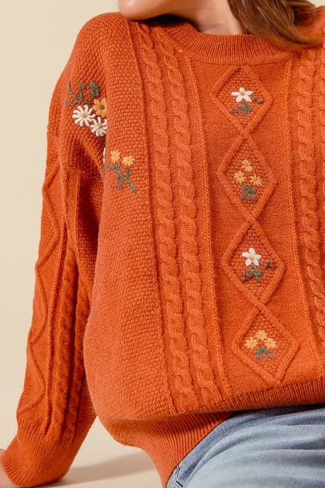 Brick cable-knit sweater with diamond cable panel and embroidered flowers, long sleeves