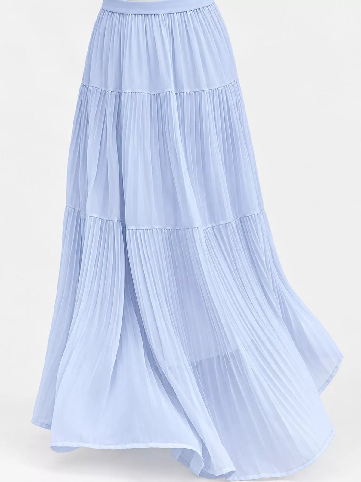 Powder blue tiered pleated maxi skirt with layered ruffles and full drape