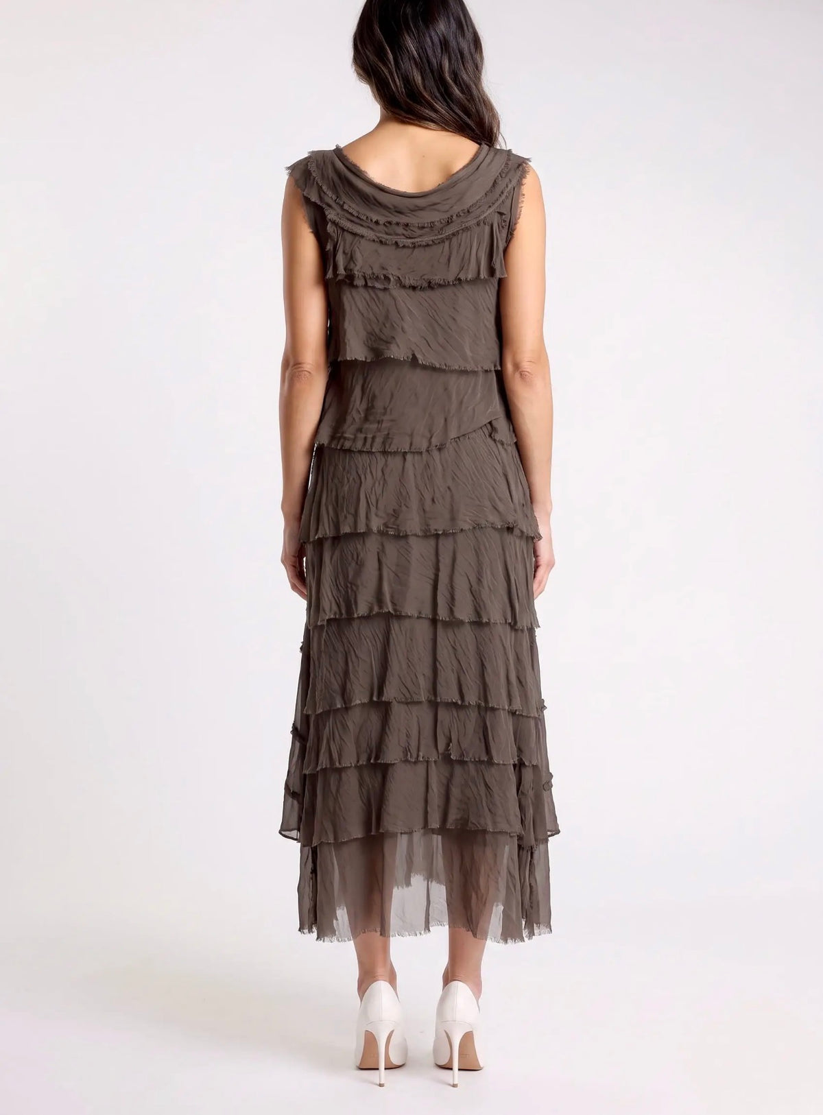 Espresso tiered ruffle silk sleeveless midi dress with draped cowl, shown from back