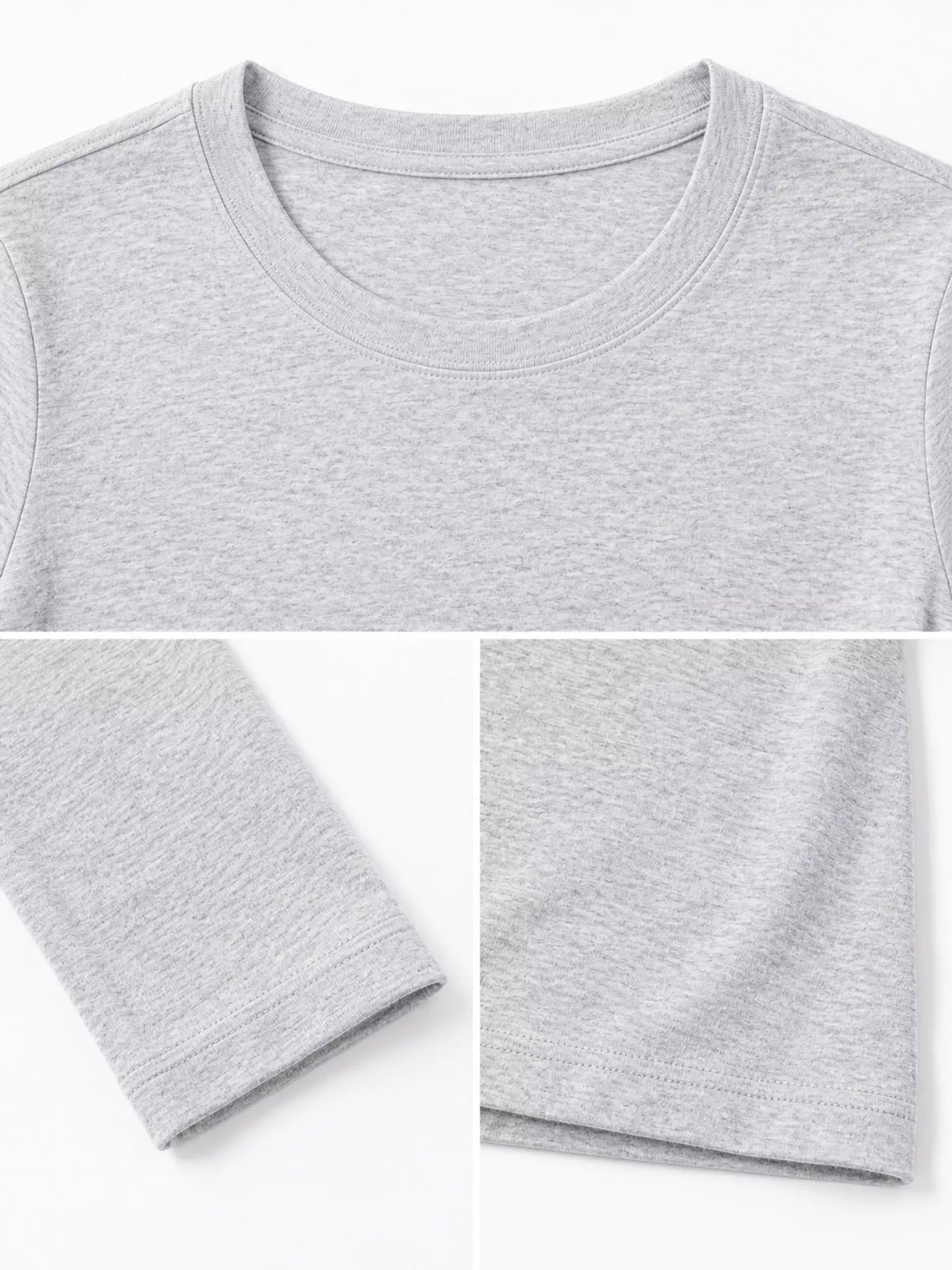 Heather gray crew neck long-sleeve T-shirt fabric and sleeve cuff close-up