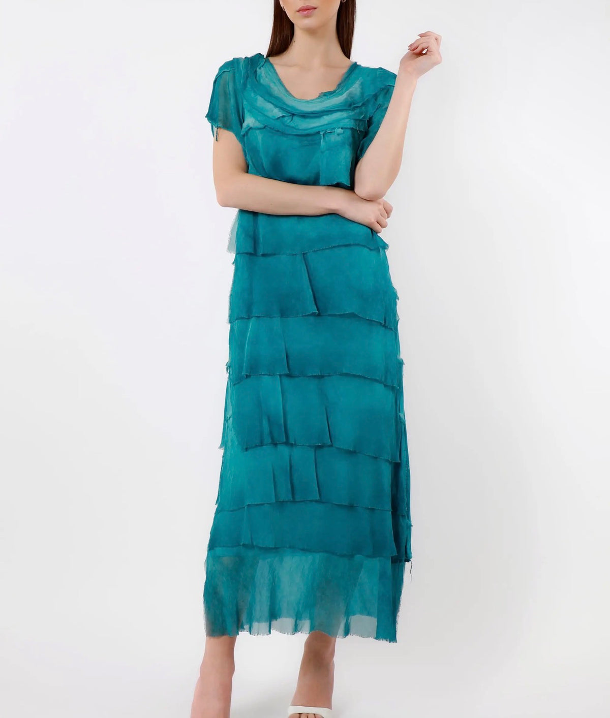 Teal silk short-sleeve ruffle dress with layered tiered skirt