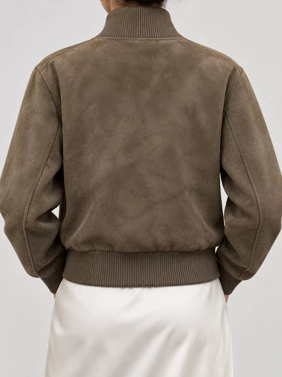 Back view zip-up long-sleeve jacket in olive with ribbed hem and collar