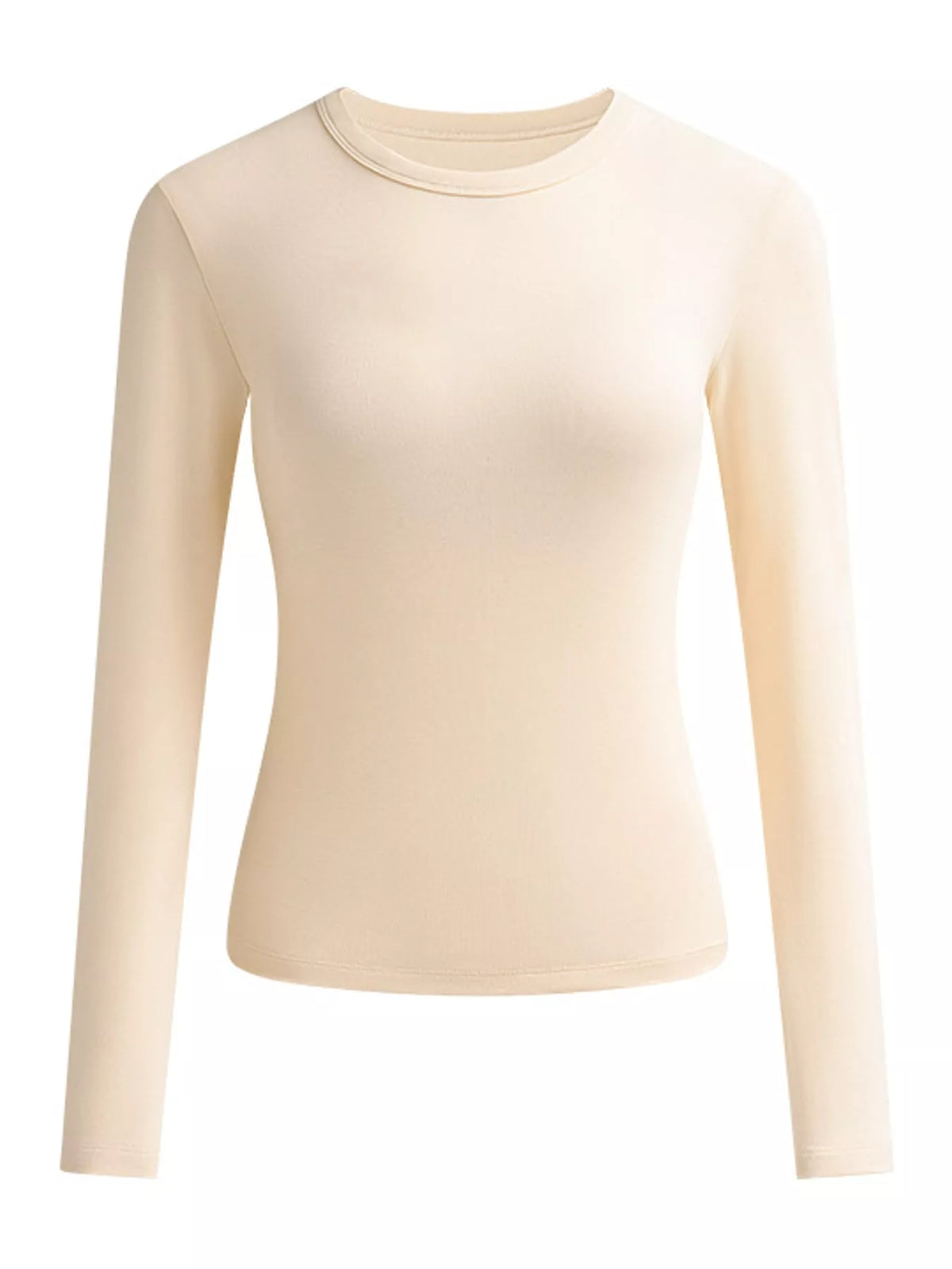 Beige slim-fit long sleeve crew neck T-shirt, round neckline, plus size