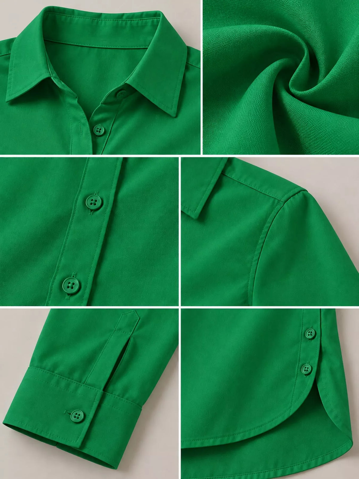 Green long-sleeve button-up shirt with point collar and chest button placket