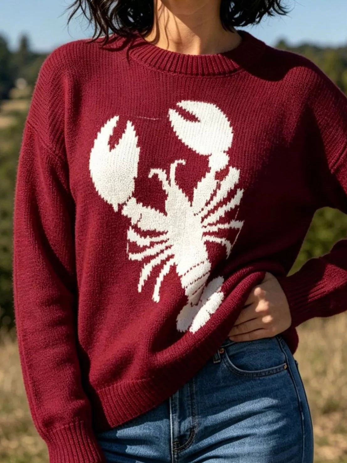 Deep red crew neck sweater with white lobster graphic on the front
