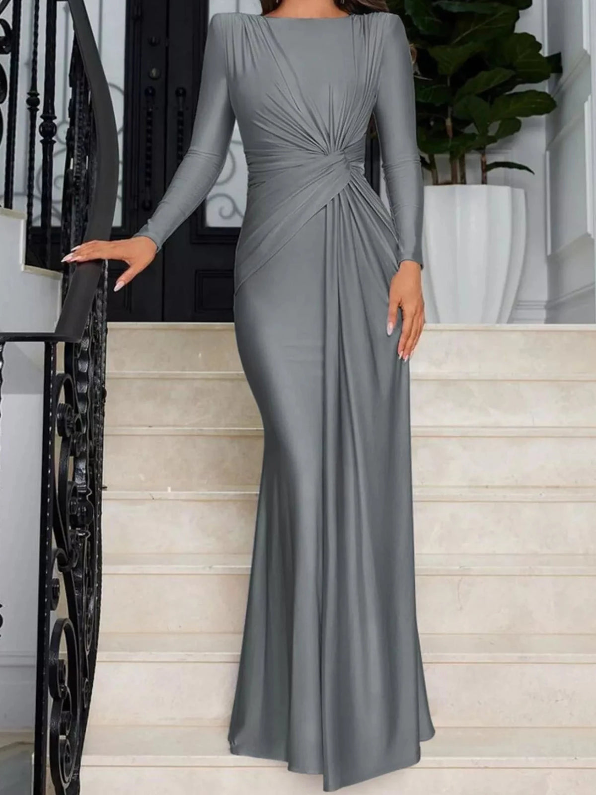 Gray twisted long-sleeve maxi dress with ruched center-back twist and long drape