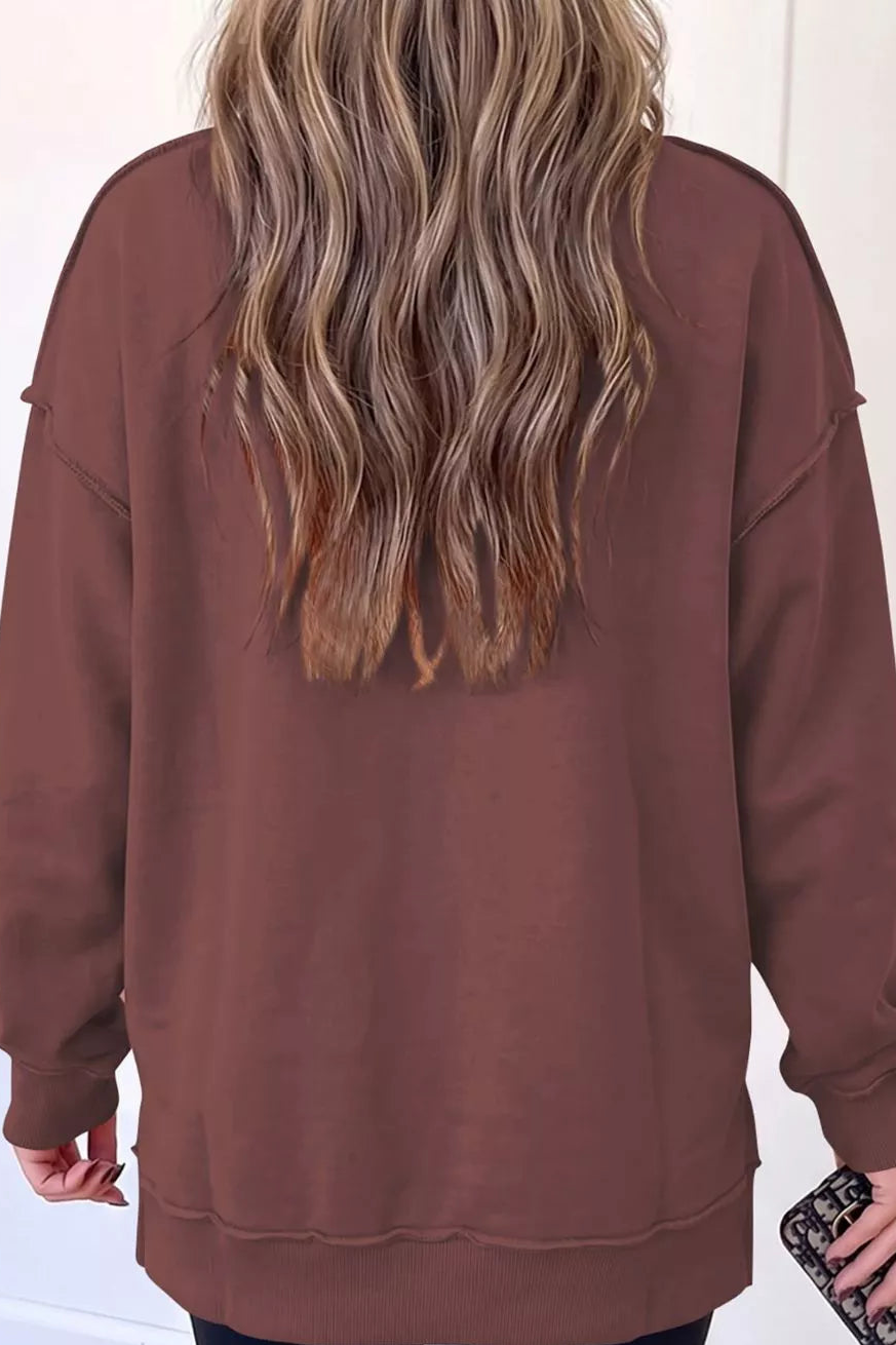 Dark brown high-neck sweatshirt back view, relaxed fit, long sleeves