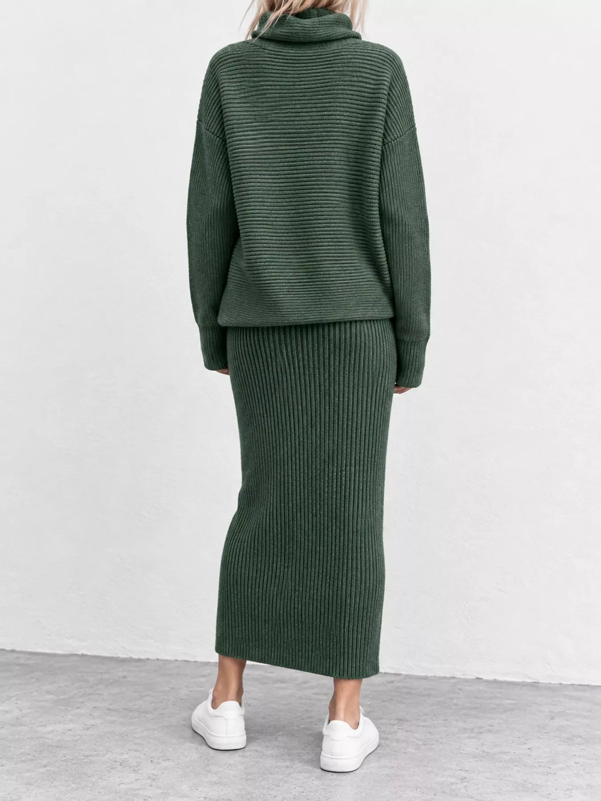 Green ribbed sweater and midi skirt set, shown from the back